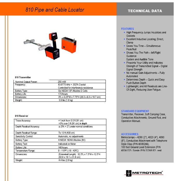 810 Pipe and Cable Locator Technical Data